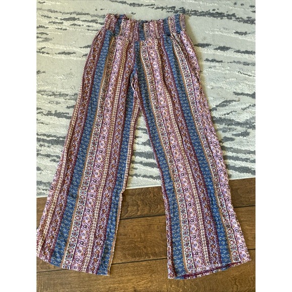 Three Dots Womens High Rise Striped Floral Wide Leg Pants Pink‎ Navy Size Small - Picture 1 of 5